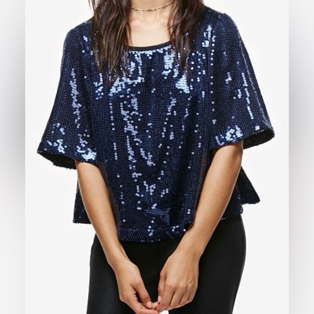 Free People Night Fever Sequin Top Navy Blue M